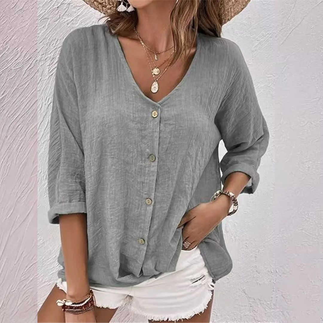 Liana Summer Linen Blouse with Fine Button Closure